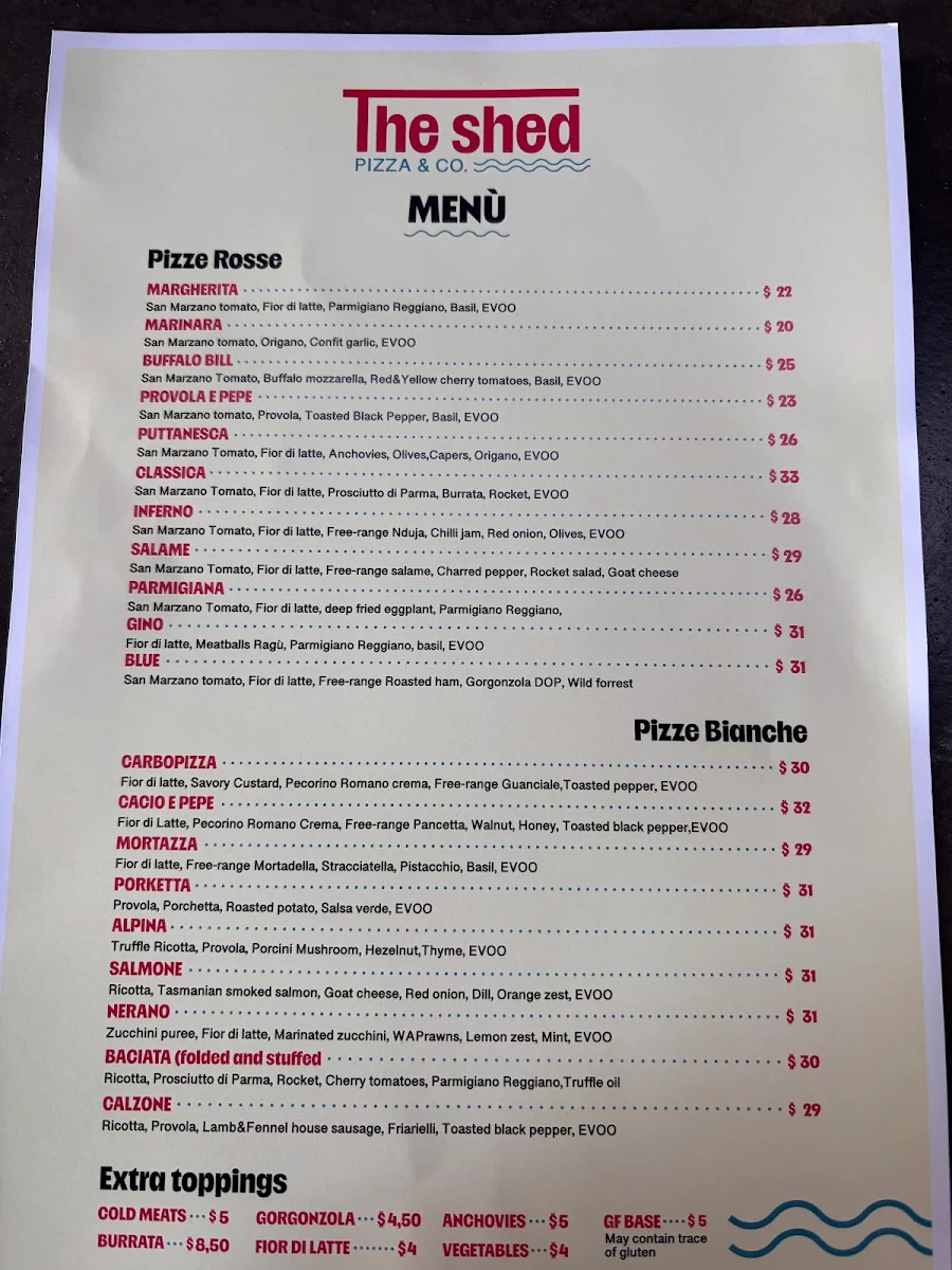 Menu, The Shed Pizza & Co