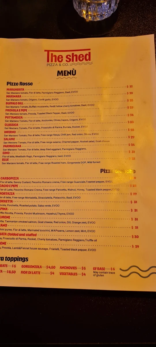 Menu, The Shed Pizza & Co