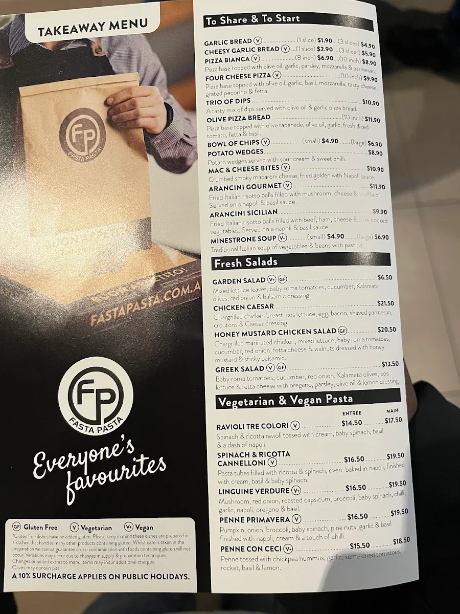 Menu, Fasta Pasta South Terrace
