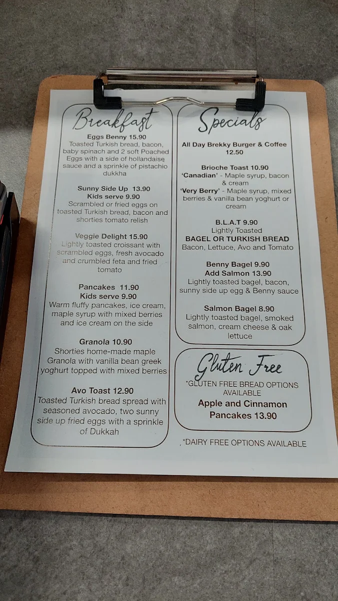 Menu, Shorties Espresso Bar