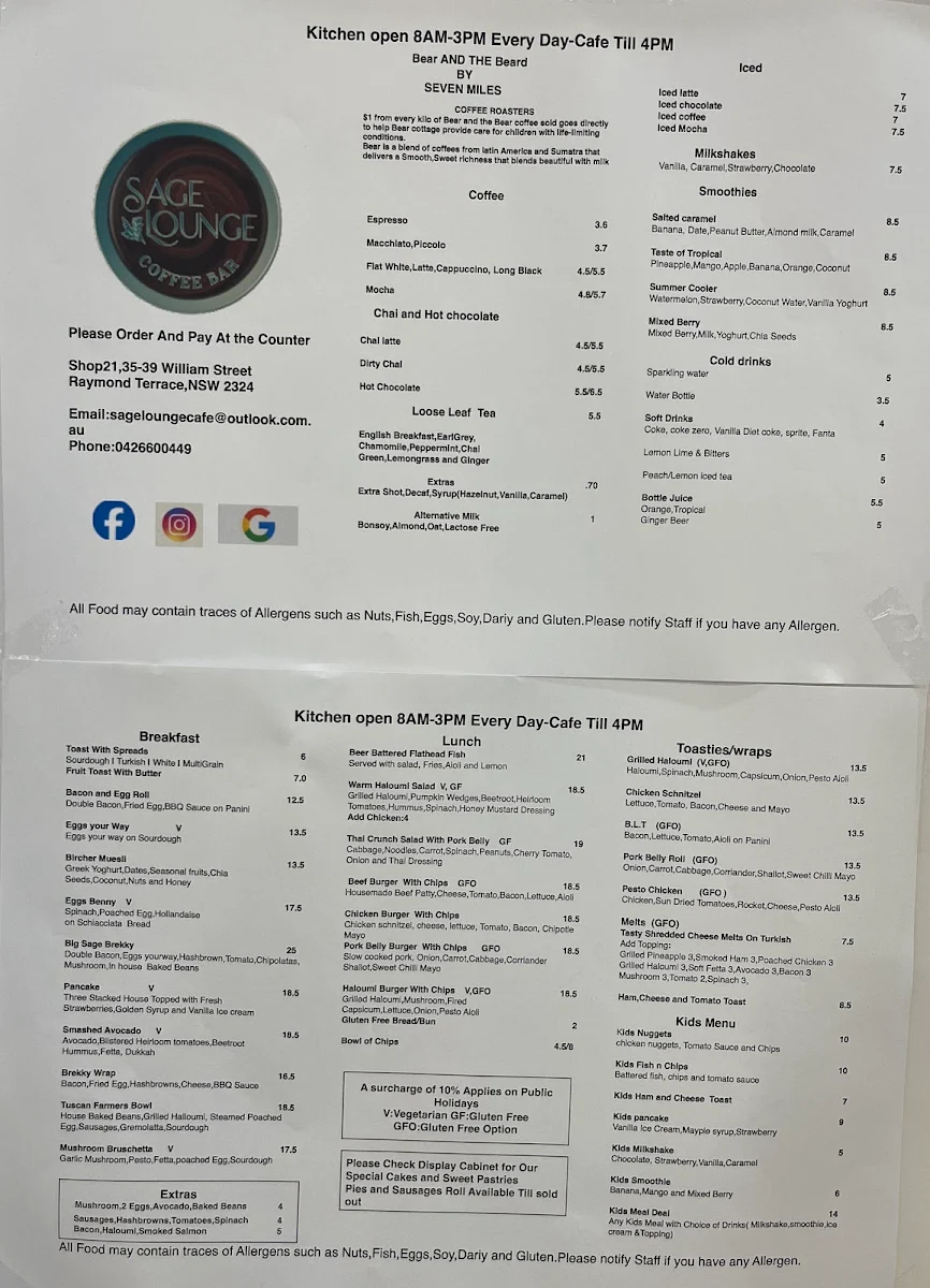 Menu, Sage lounge cafe,Raymond Terrace