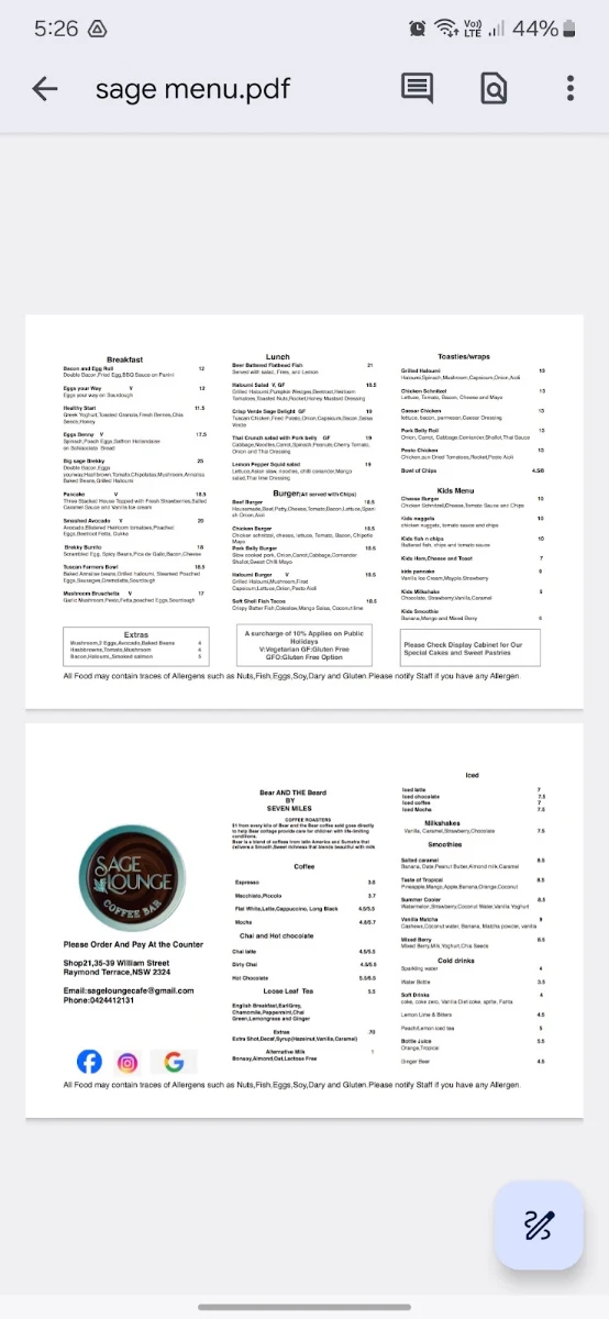 Menu, Sage lounge cafe,Raymond Terrace