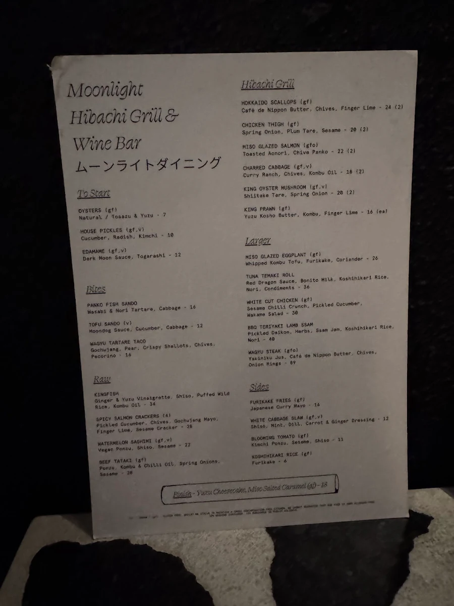 Menu, Moonlight Japanese