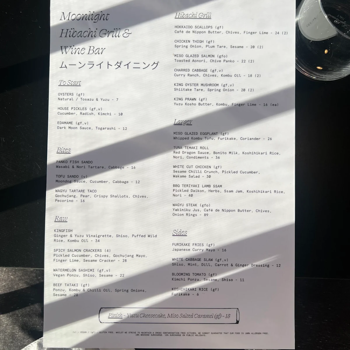 Menu, Moonlight Japanese