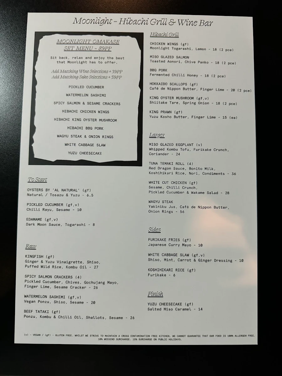 Menu, Moonlight Japanese