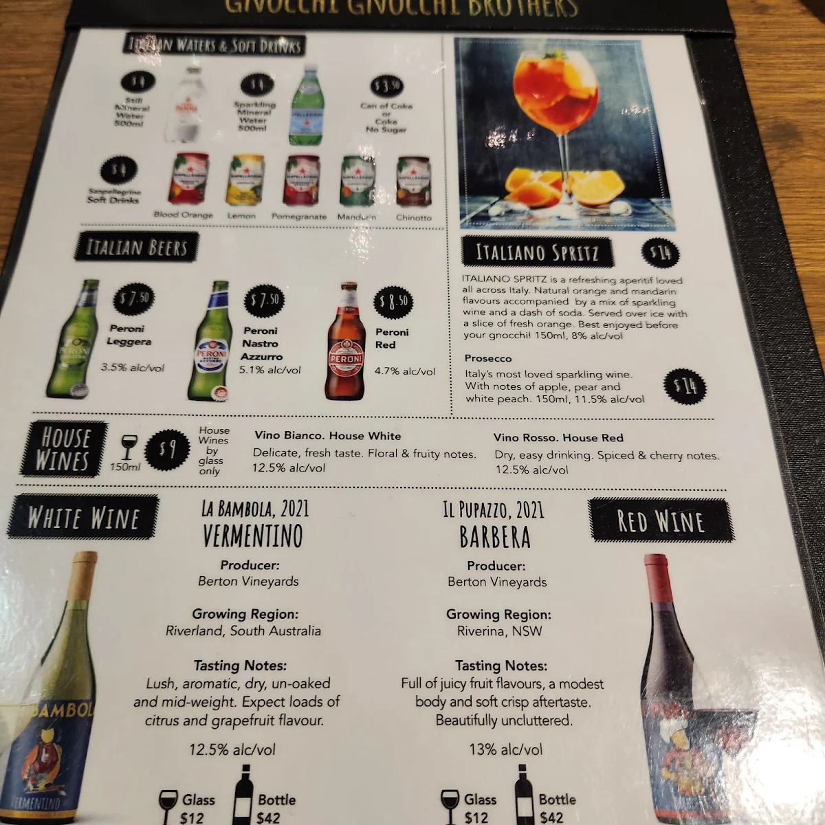 Menu, Gnocchi Gnocchi Brothers, South Bank