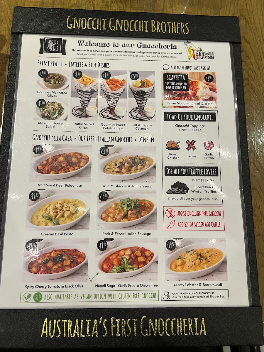 Menu, Gnocchi Gnocchi Brothers, South Bank