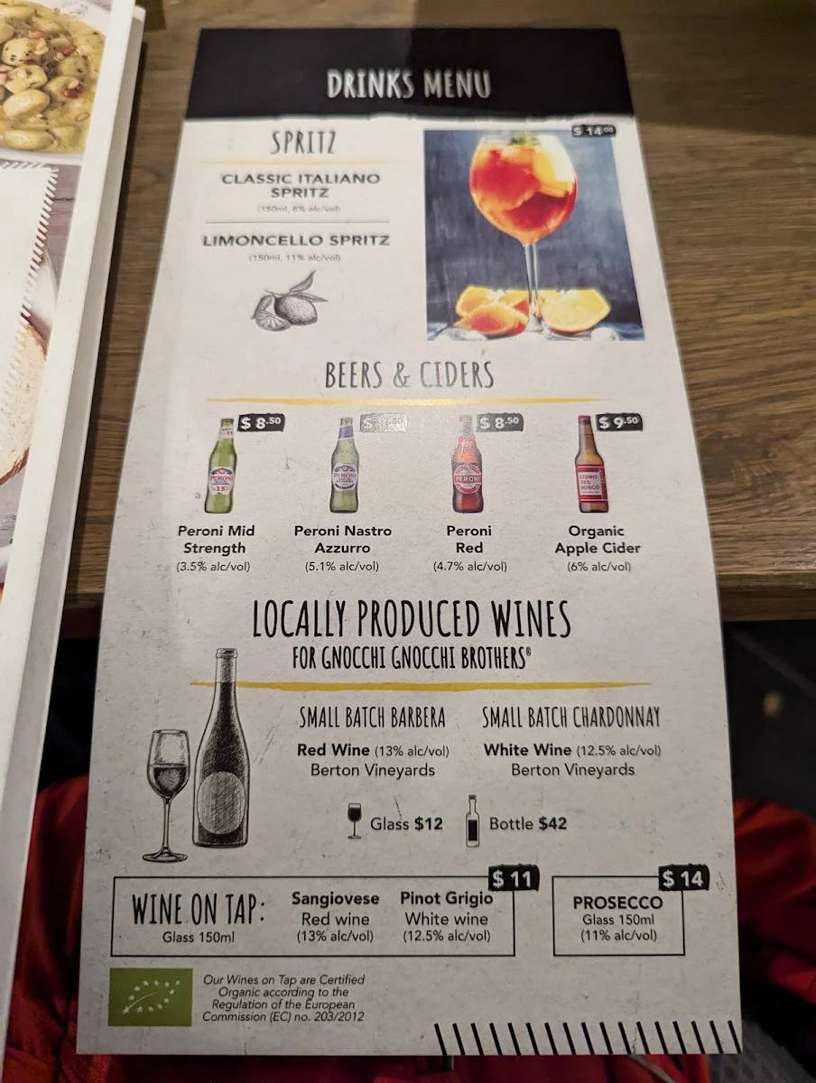 Menu, Gnocchi Gnocchi Brothers, South Bank