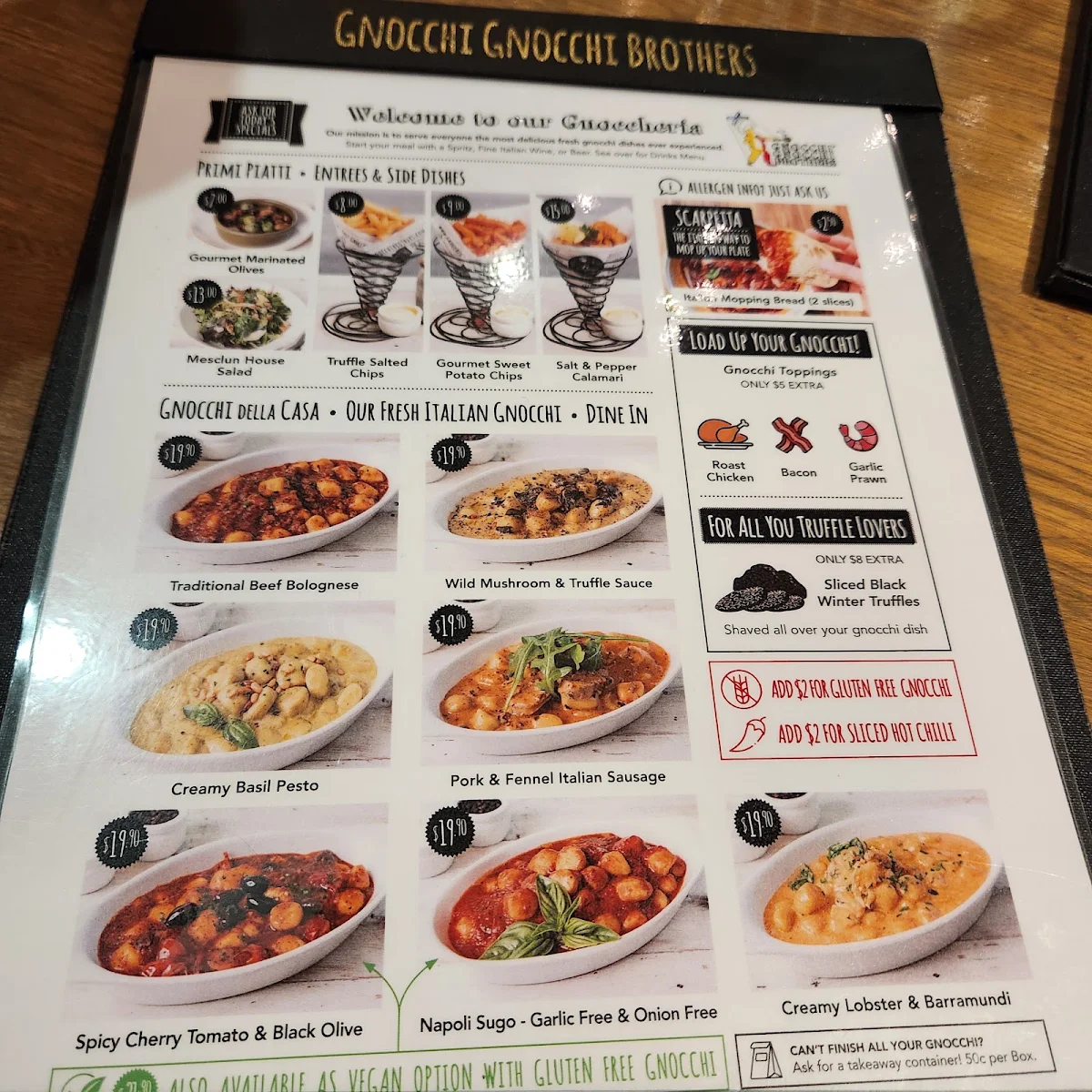 Menu, Gnocchi Gnocchi Brothers, South Bank