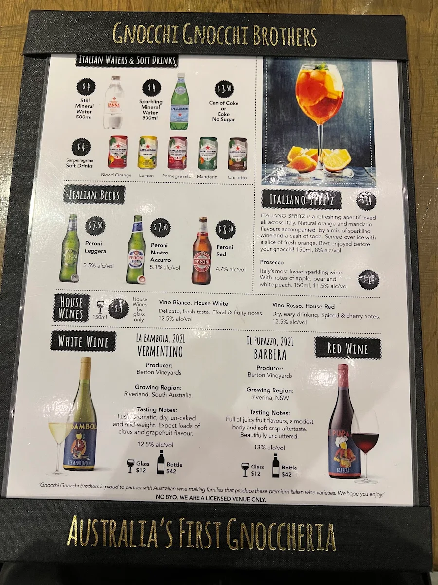 Menu, Gnocchi Gnocchi Brothers, South Bank