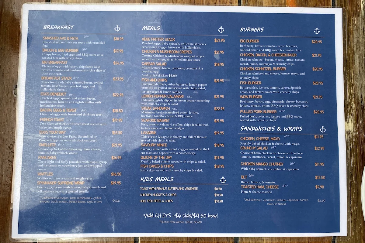 Menu, Cafe Spinnaker Park