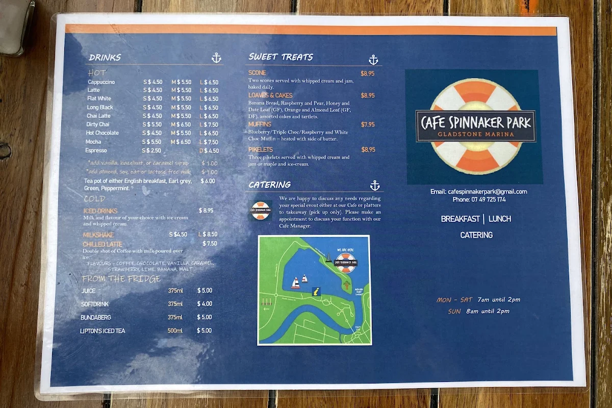 Menu, Cafe Spinnaker Park