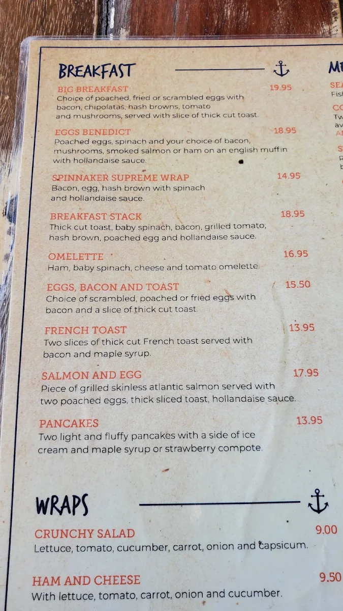 Menu, Cafe Spinnaker Park