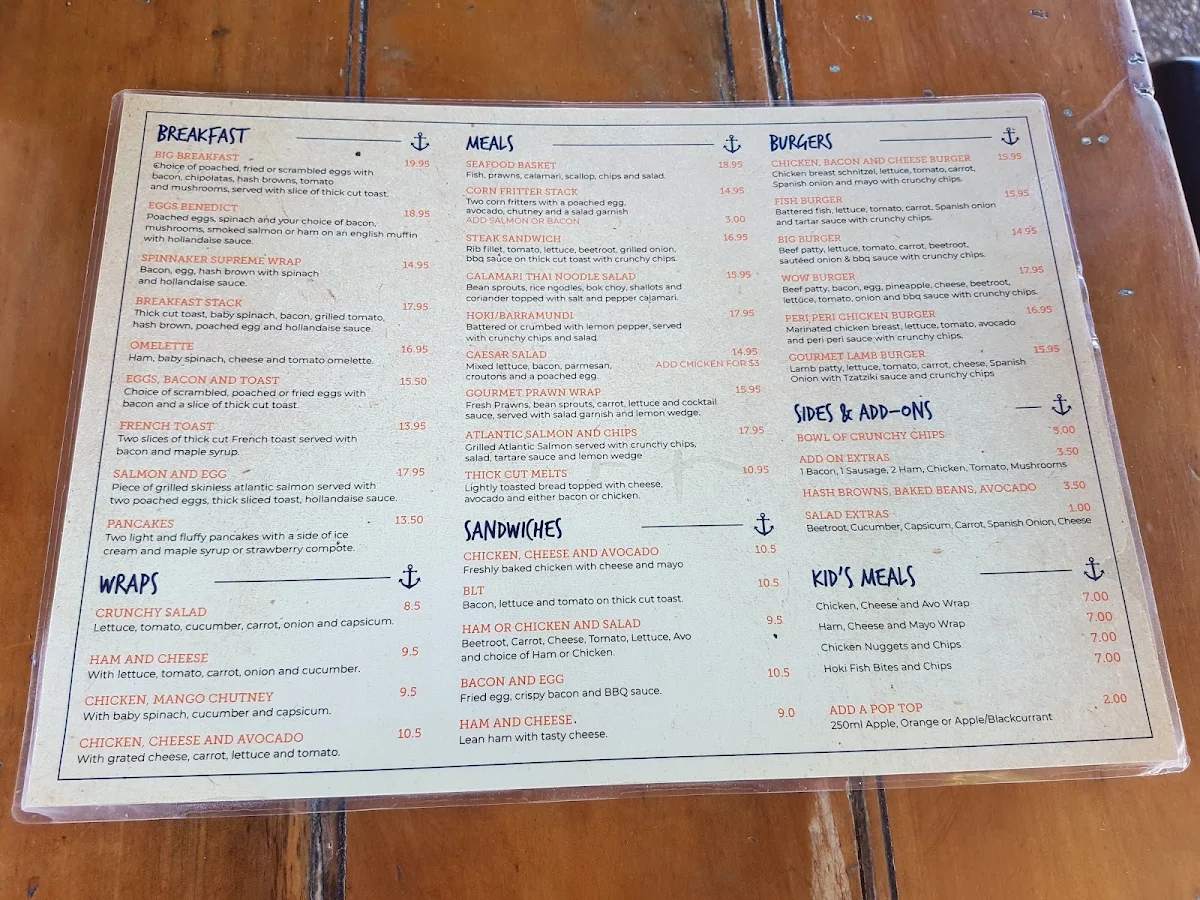 Menu, Cafe Spinnaker Park