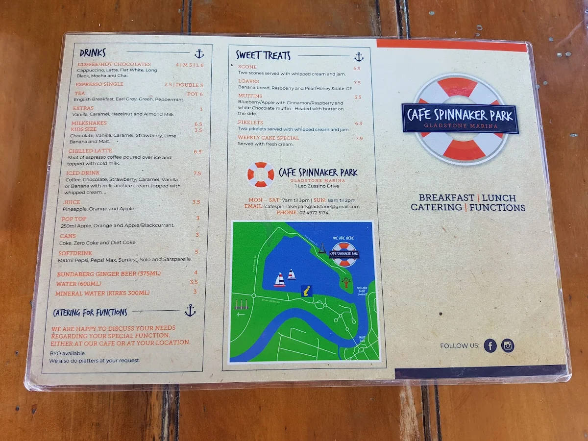 Menu, Cafe Spinnaker Park