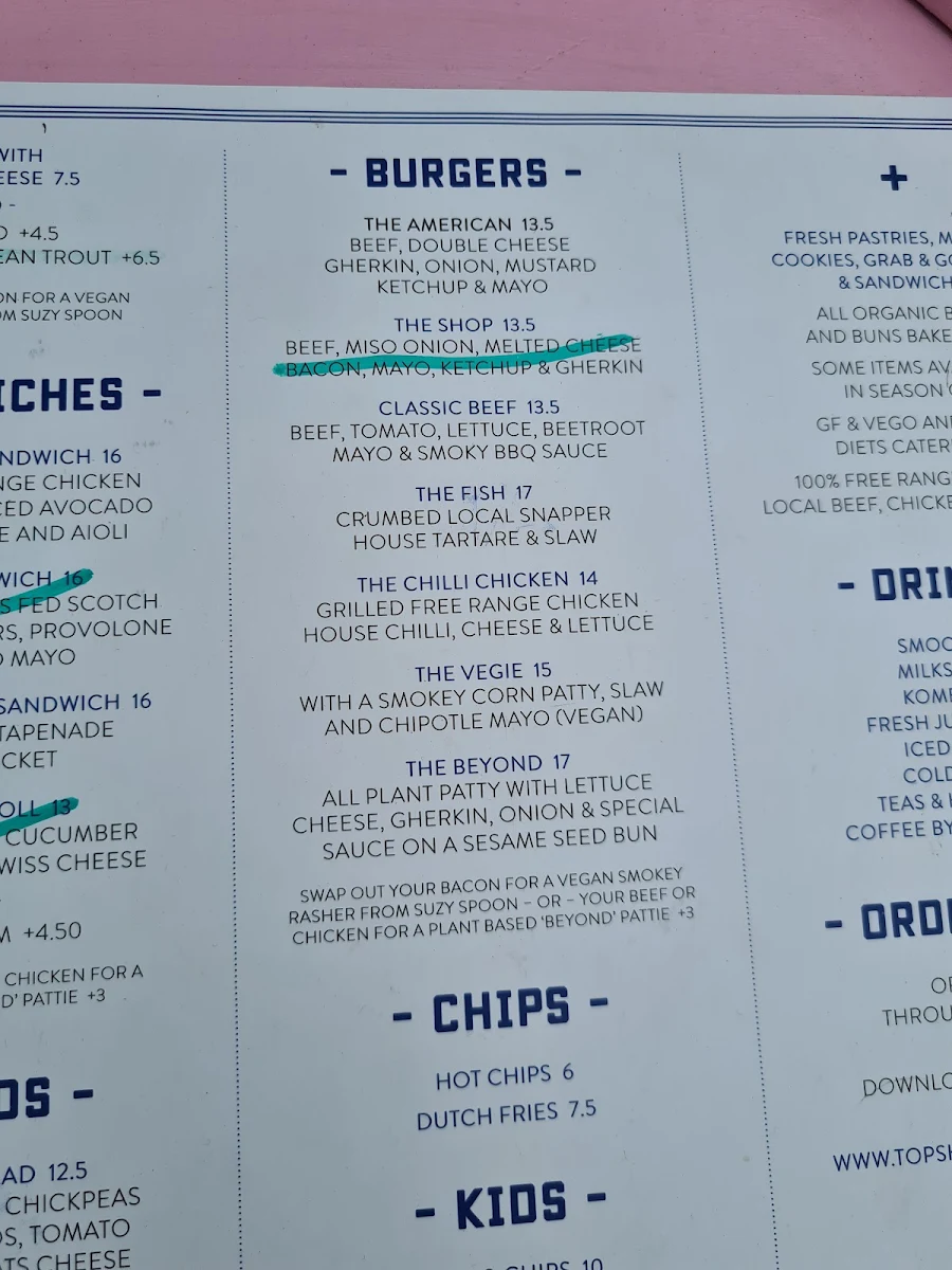 Menu, The Top Shop