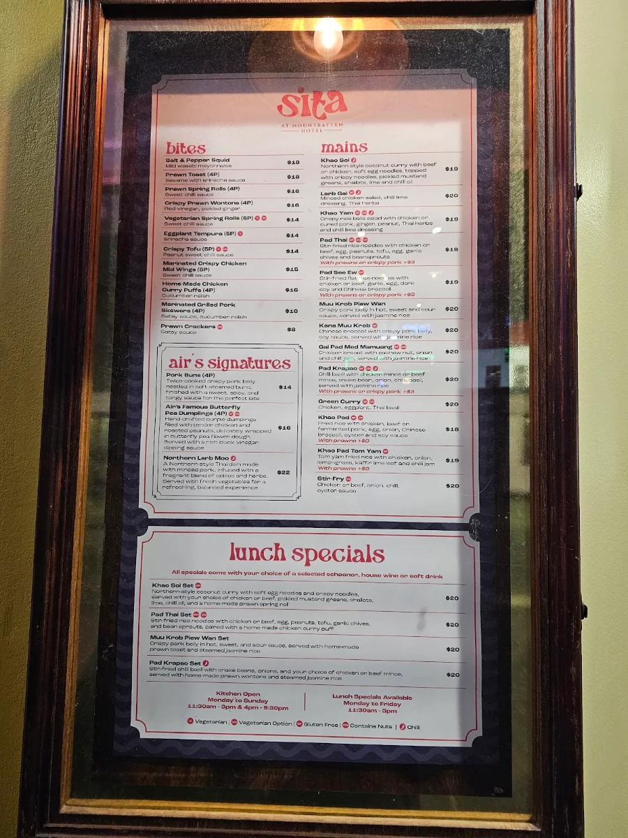 Menu, Sita at Mountbatten Hotel