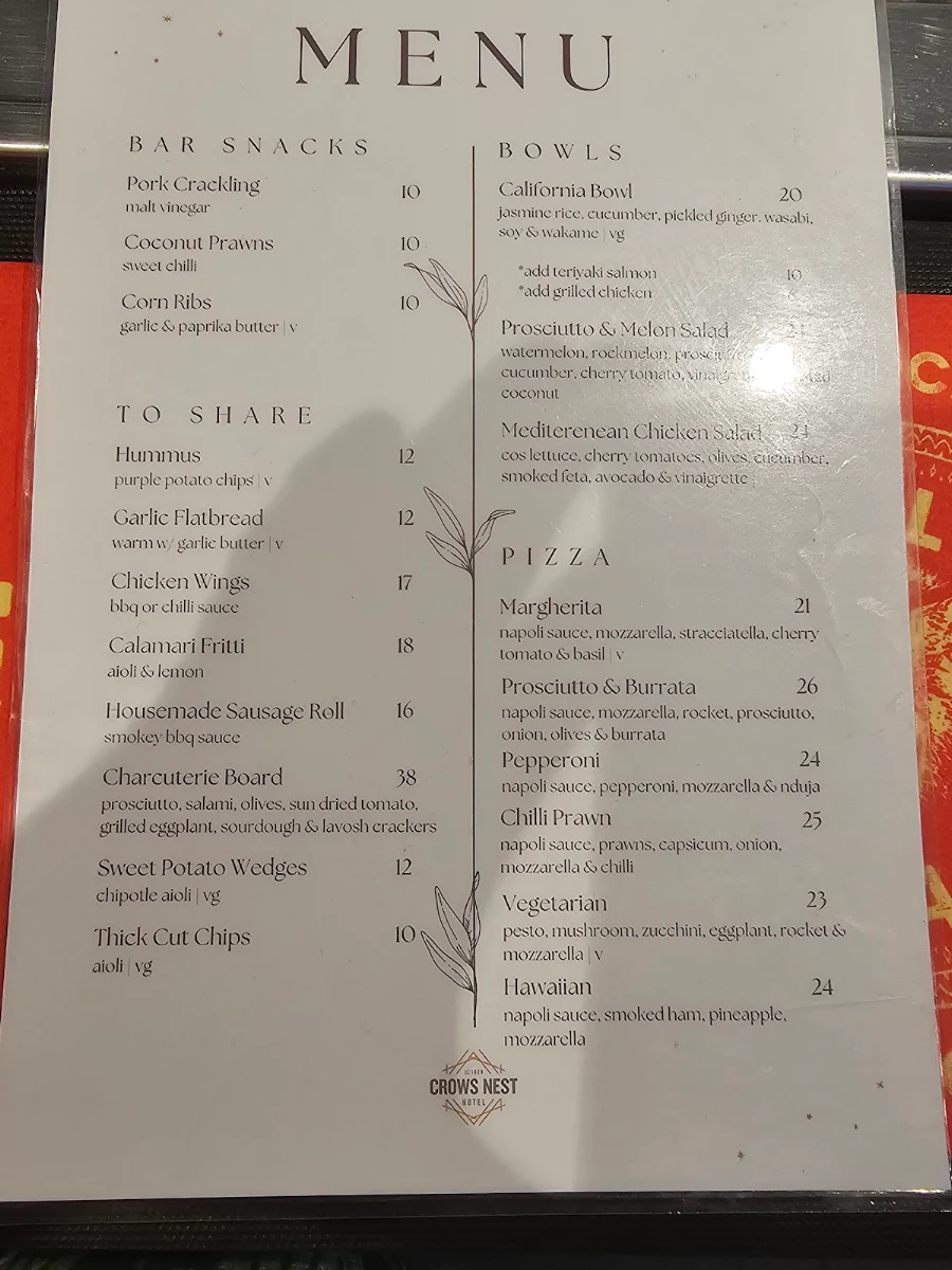 Menu, Crows Nest Hotel