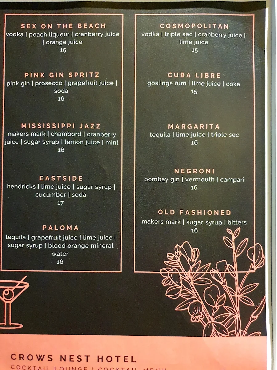 Menu, Crows Nest Hotel