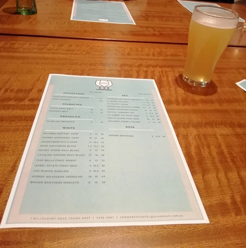 Menu, Crows Nest Hotel