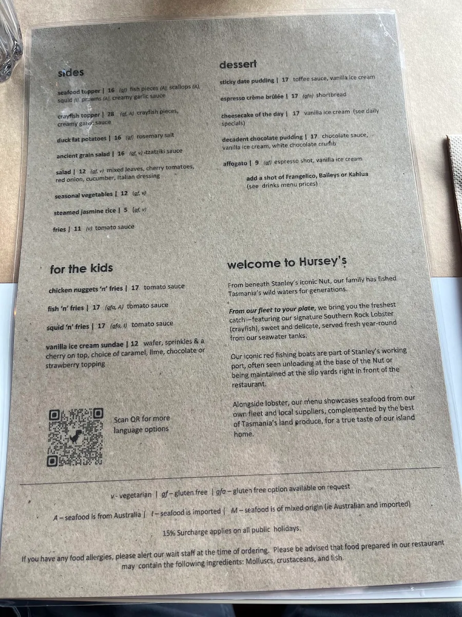 Menu, Hursey Seafoods