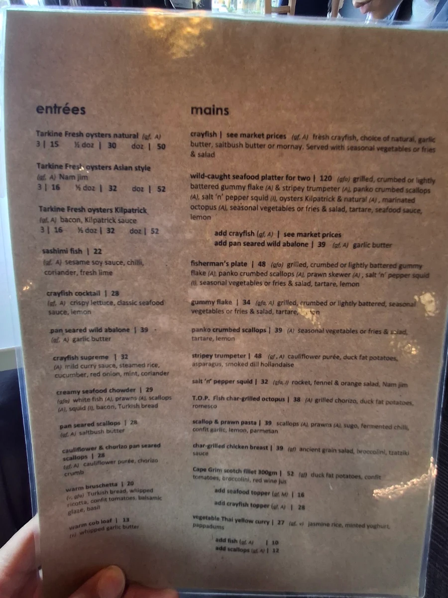 Menu, Hursey Seafoods