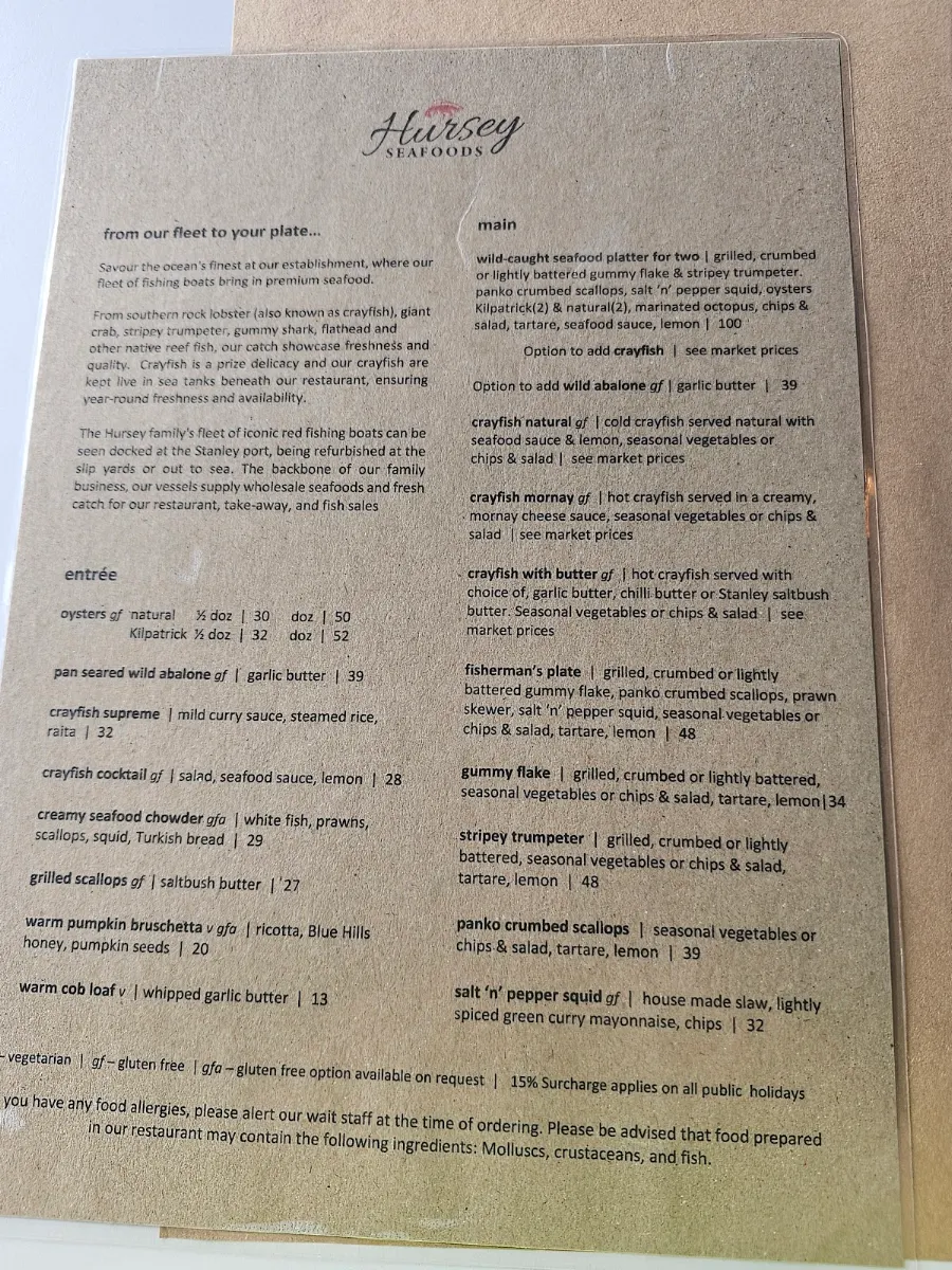 Menu, Hursey Seafoods