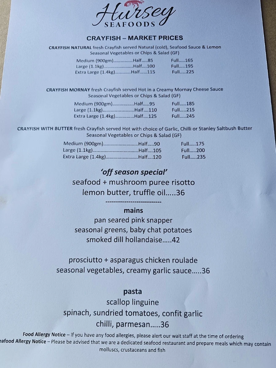 Menu, Hursey Seafoods