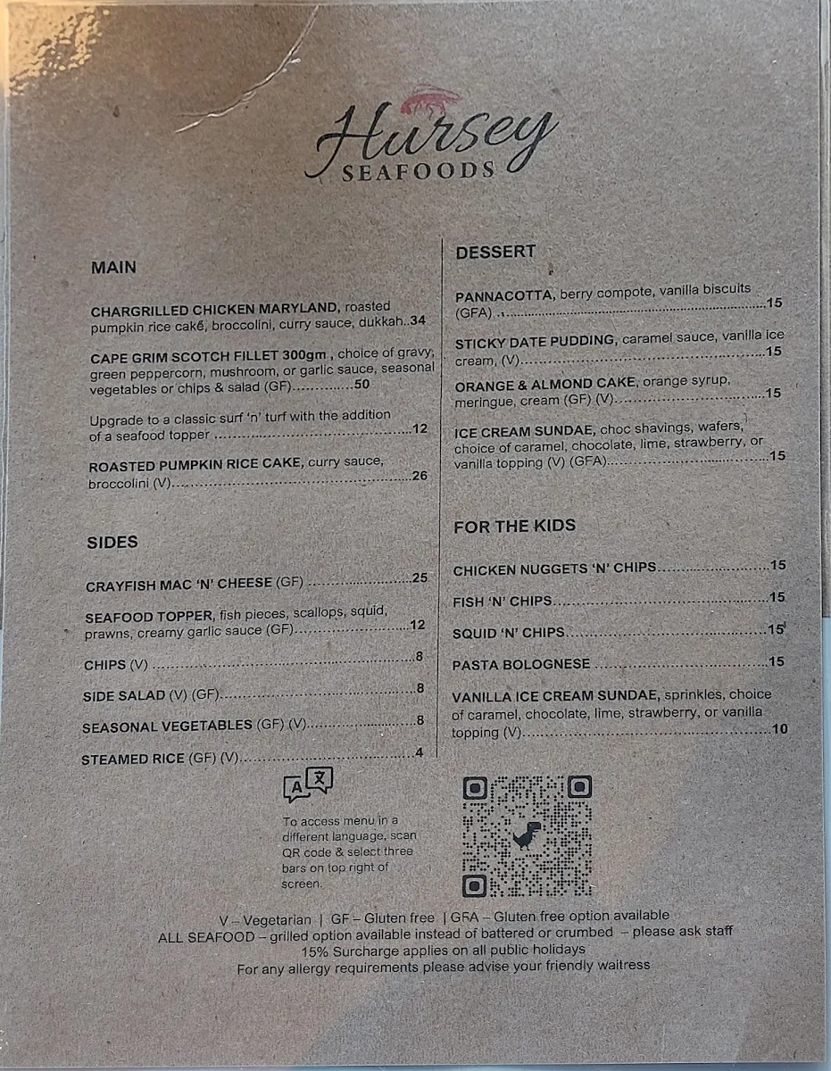 Menu, Hursey Seafoods