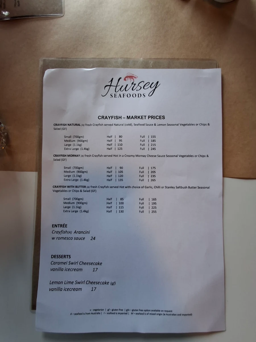 Menu, Hursey Seafoods