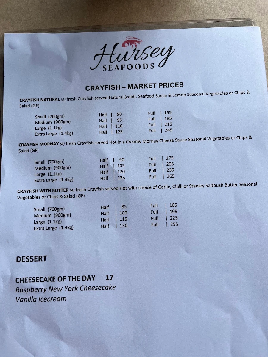 Menu, Hursey Seafoods