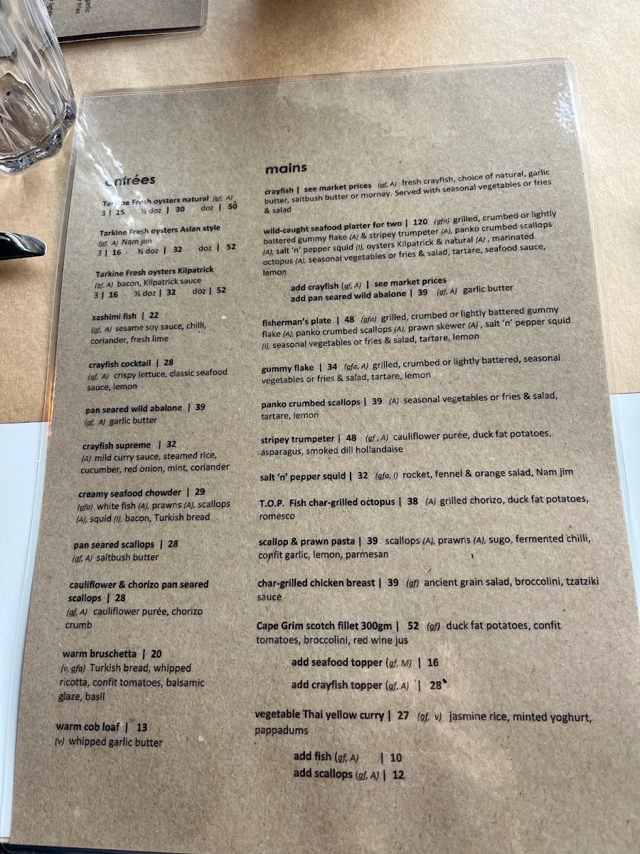Menu, Hursey Seafoods