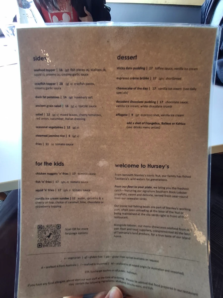 Menu, Hursey Seafoods