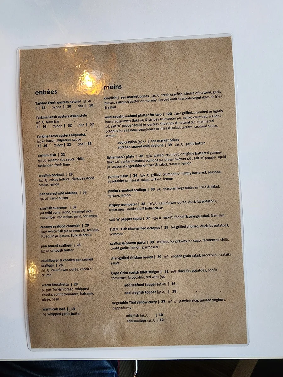 Menu, Hursey Seafoods