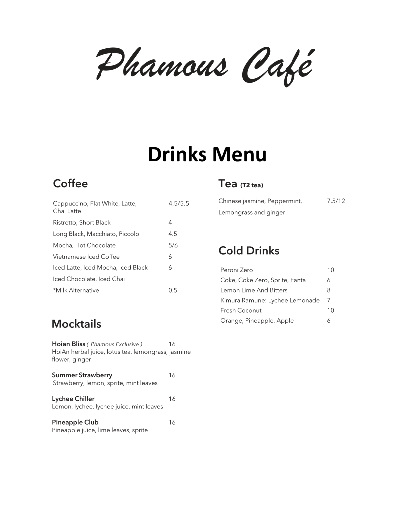 Menu, Phamous Kitchen