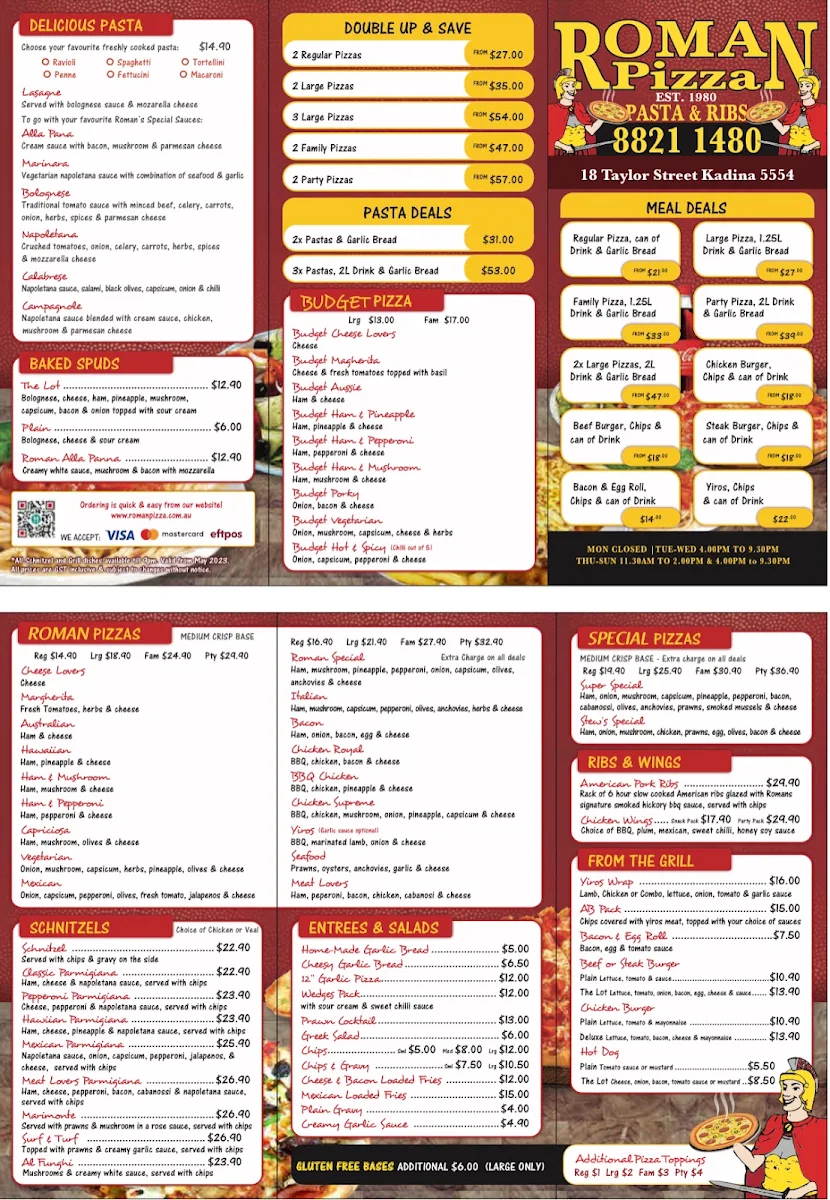 Menu, Roman Pizza Kadina