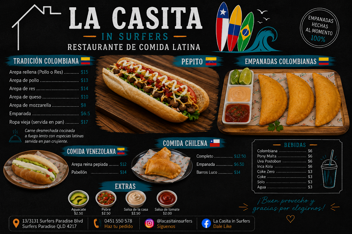 Menu, La Casita in Surfers