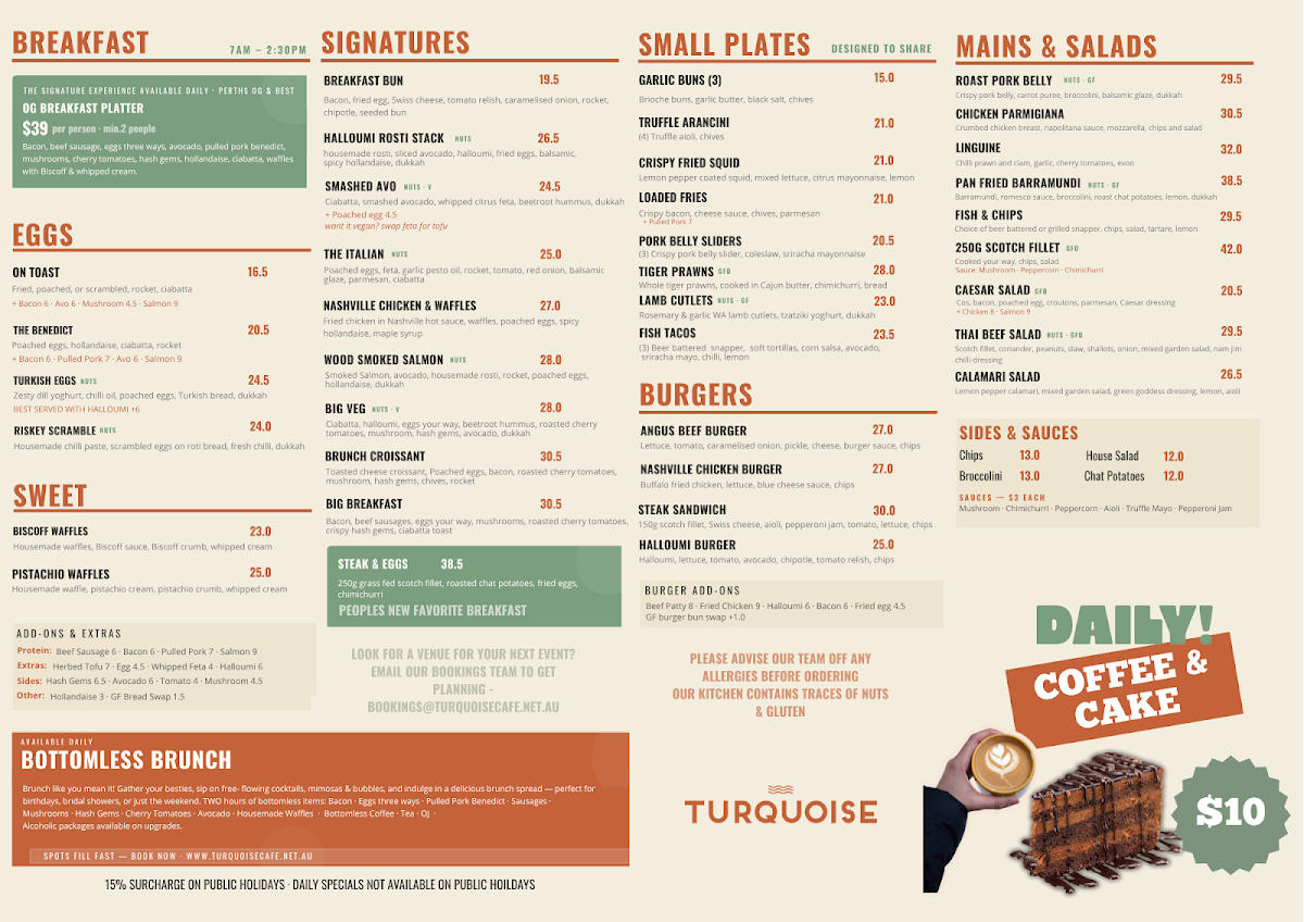 Menu, Turquoise Wanneroo