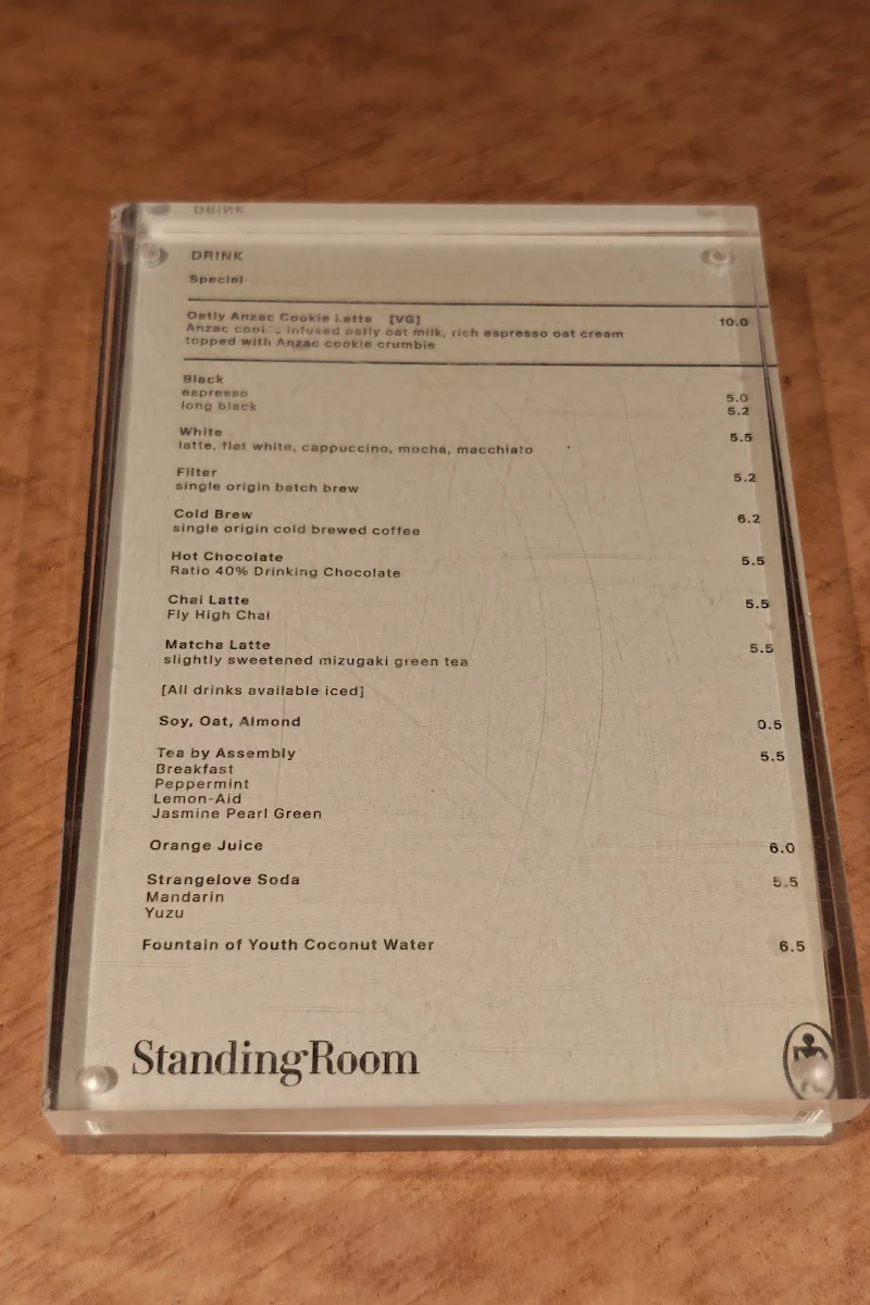 Menu, Standing Room Coffee - Carlton