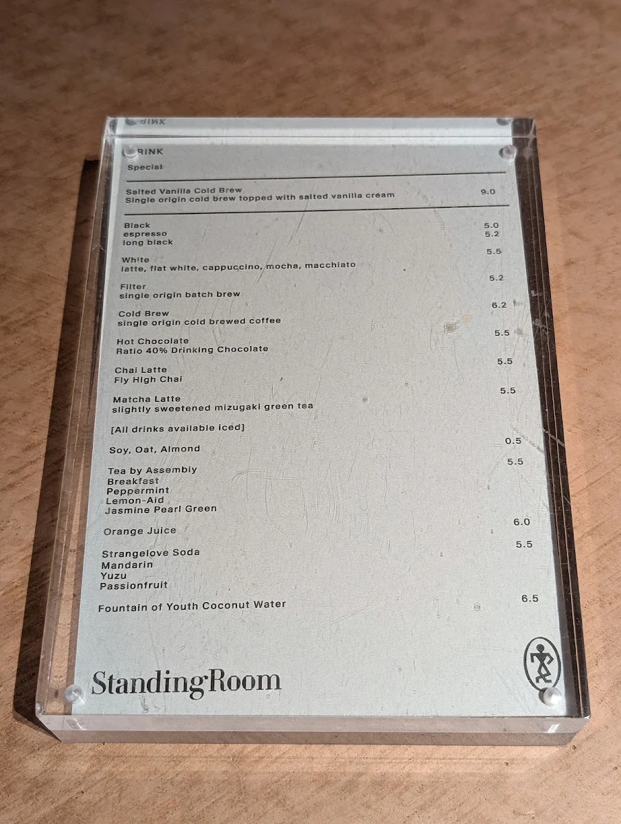 Menu, Standing Room Coffee - Carlton