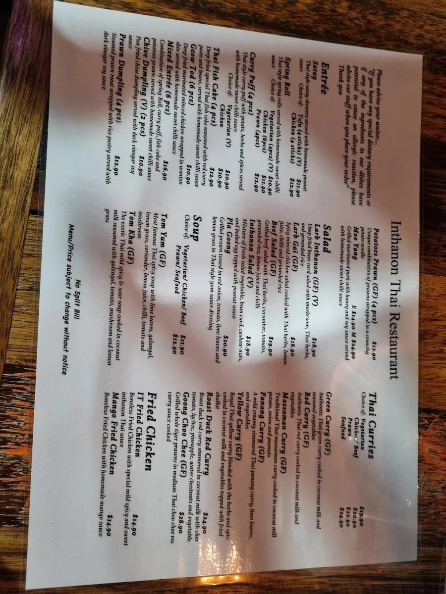 Menu, Inthanon Thai Restaurant