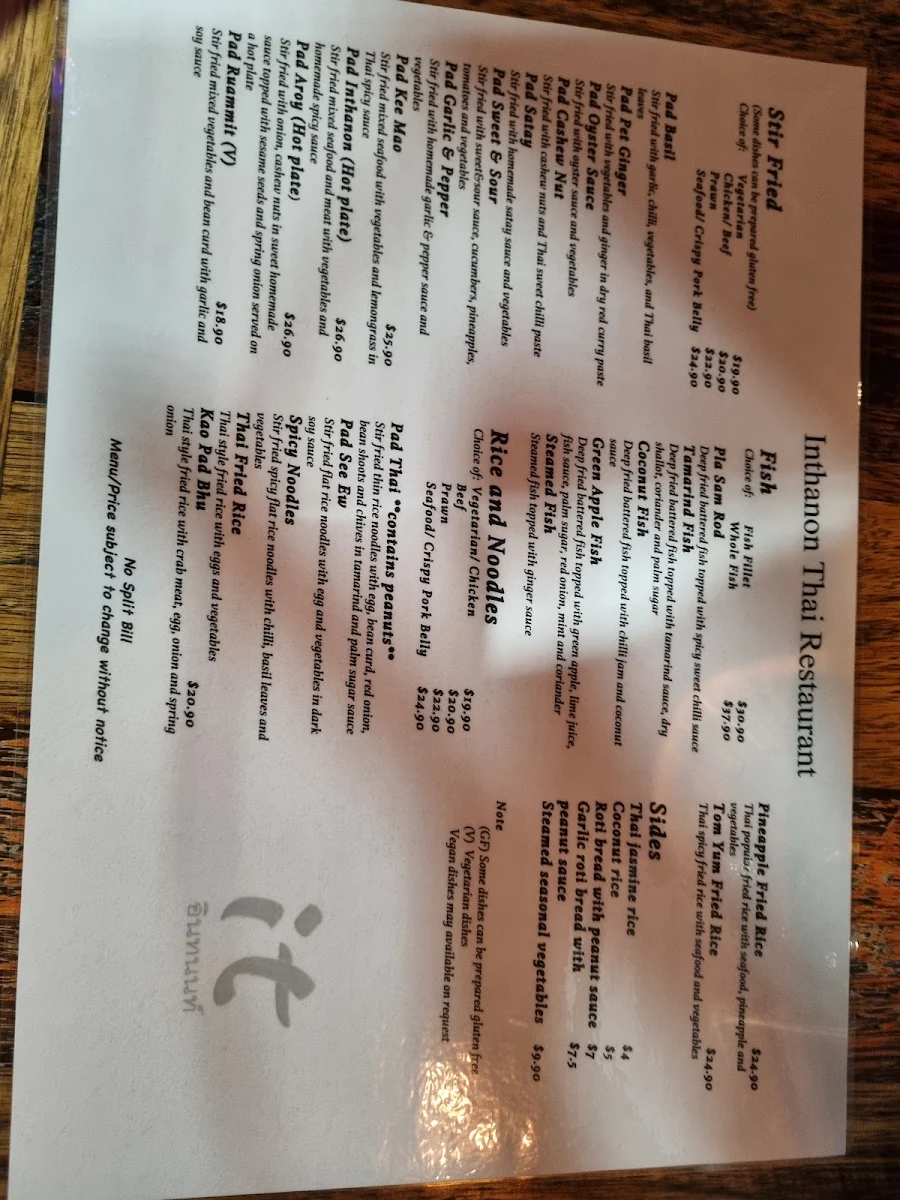 Menu, Inthanon Thai Restaurant