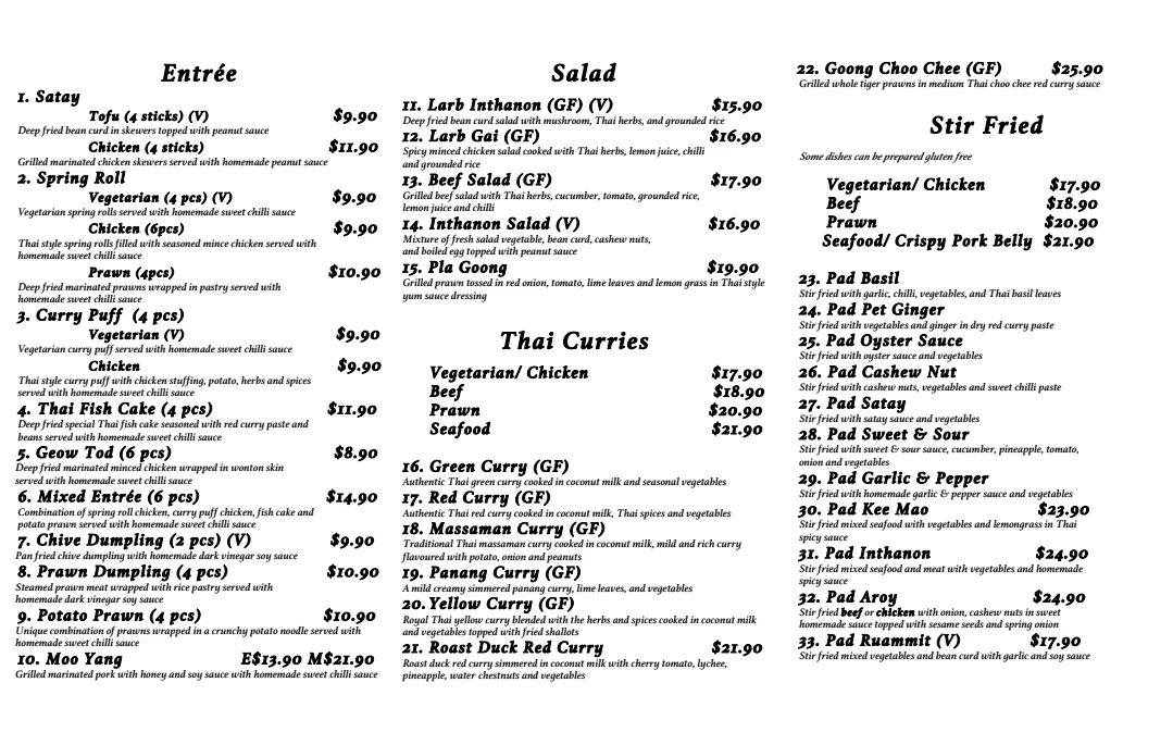 Menu, Inthanon Thai Restaurant