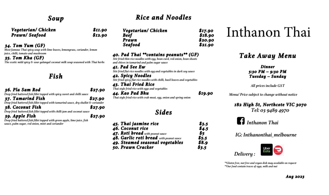 Menu, Inthanon Thai Restaurant