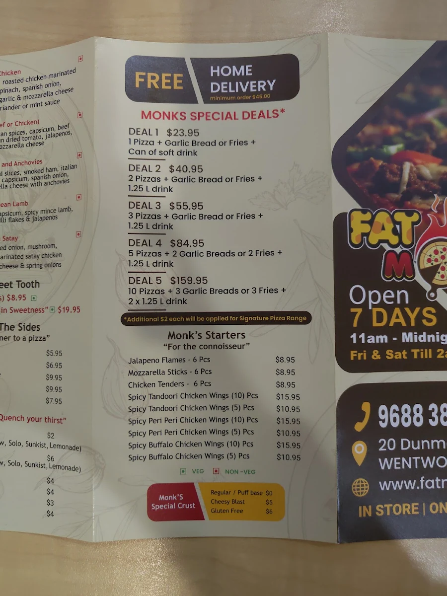 Menu, Fat Monks Wentworthville