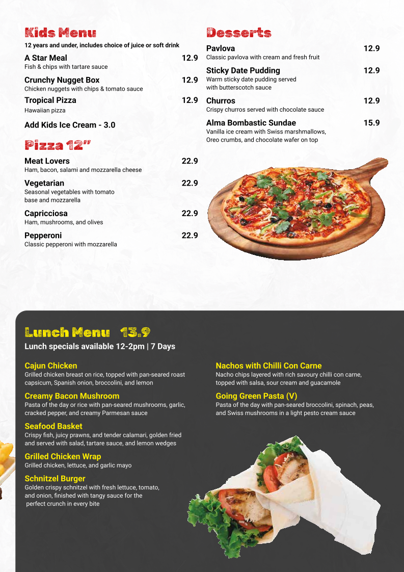 Menu, Alma Hotel