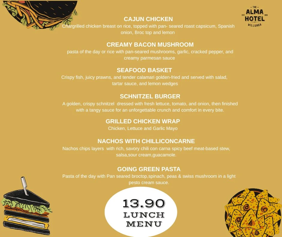 Menu, Alma Hotel