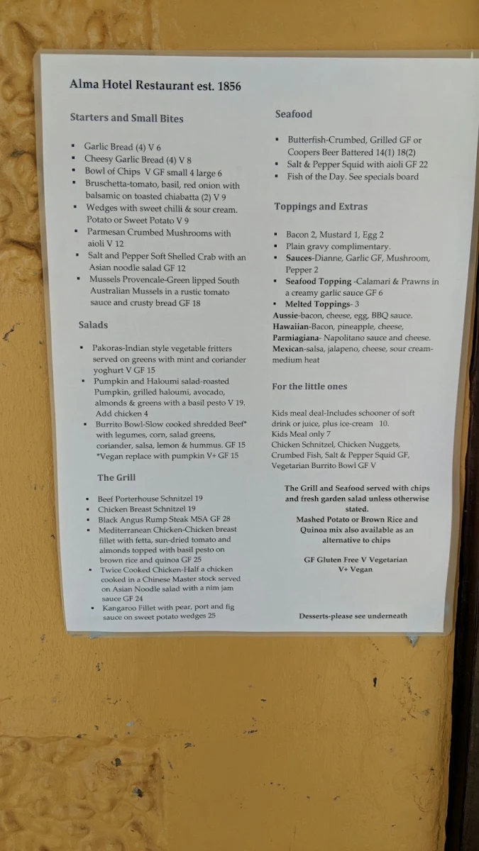 Menu, Alma Hotel