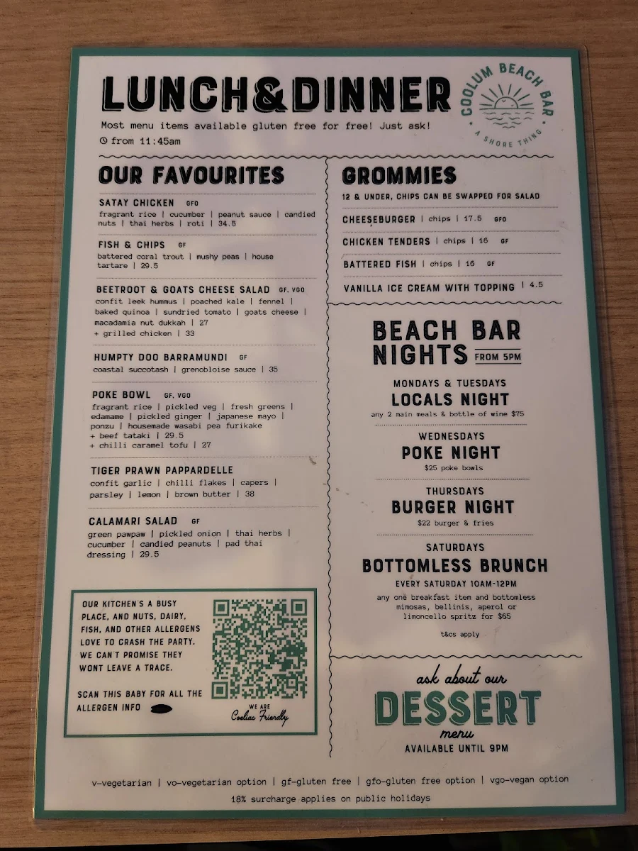Menu, Coolum Beach Bar