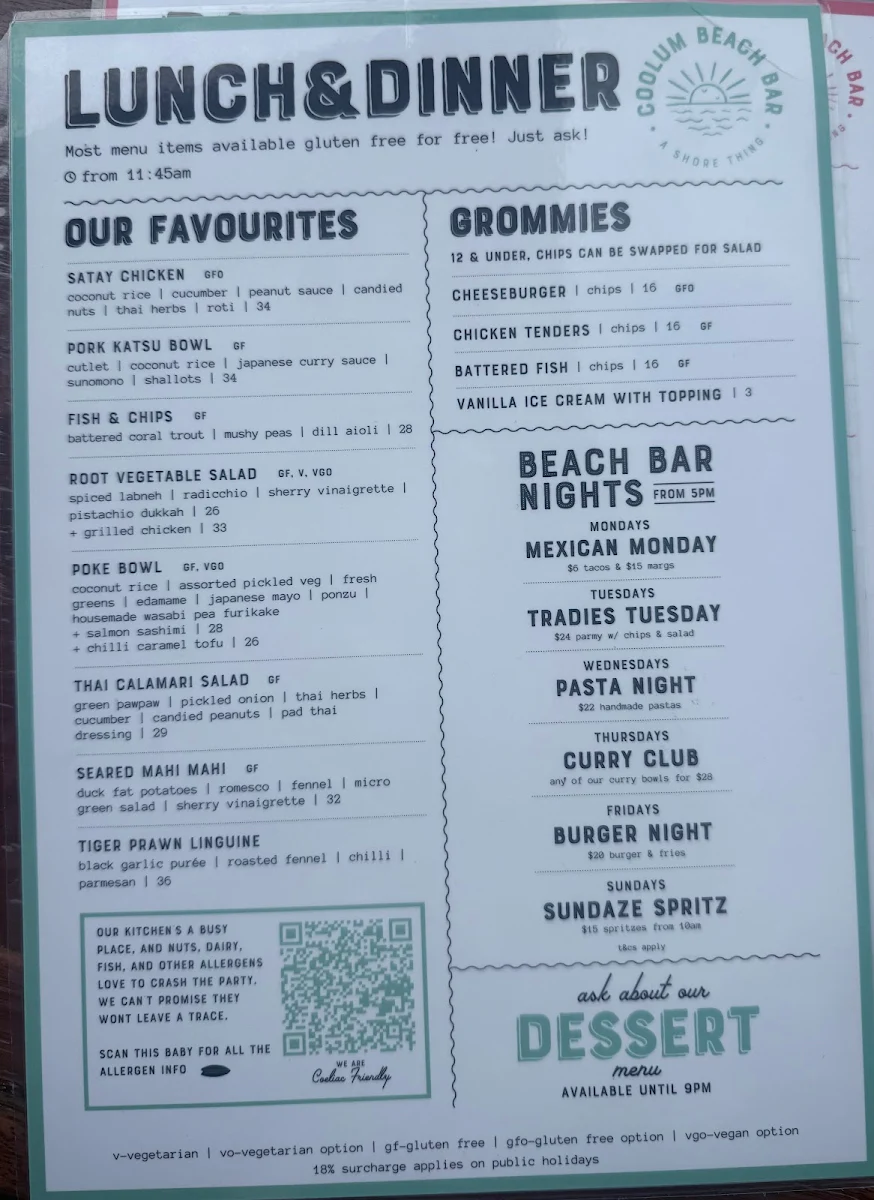 Menu, Coolum Beach Bar